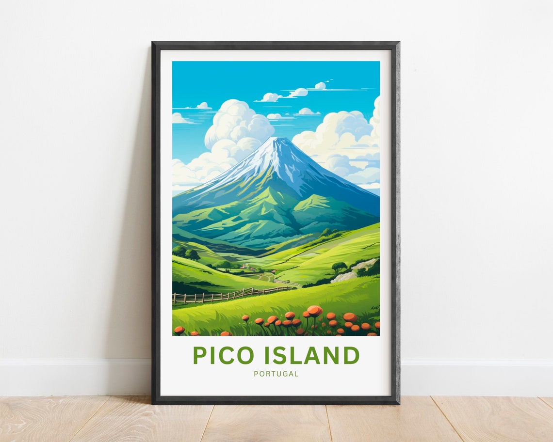 Pico Island Portugal Green Volcano Hills Daytime Travel Poster