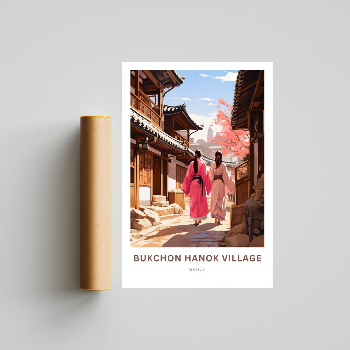 Personalized Bukchon Hanok Village Seoul Hanbok Walk Scene Poster - Image 4