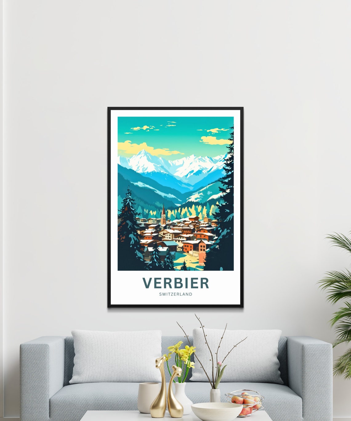 Verbier Switzerland Colorful Alpine Village Custom Text Poster - Image 3