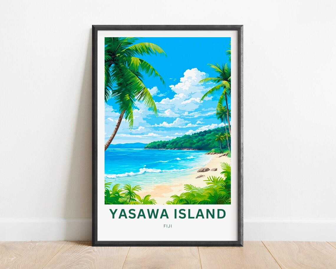 Yasawa Island Fiji Palm Framed Cove Rocky Shore Scene Poster