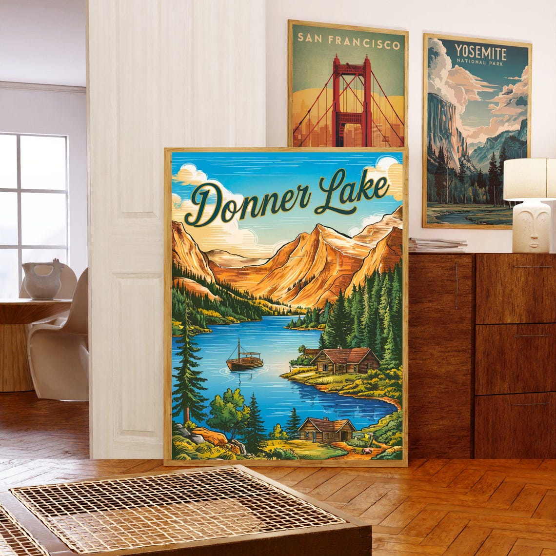 Donner Lake Vintage Alpine Lake Cabin Mountain View Travel Poster - Image 3
