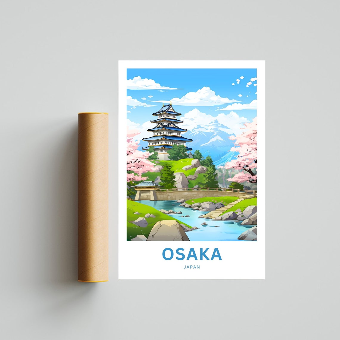 Osaka Japan Castle Hill Cherry Blossom River Bridge Travel Poster Art - Image 4