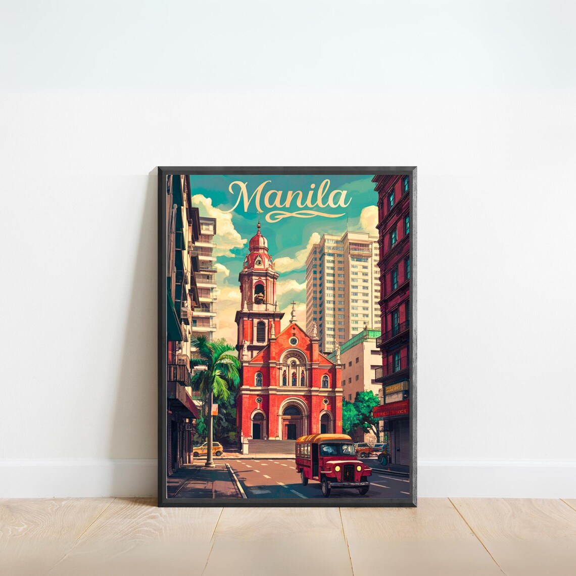 Manila Philippines Vintage City Church Jeepney Street Poster