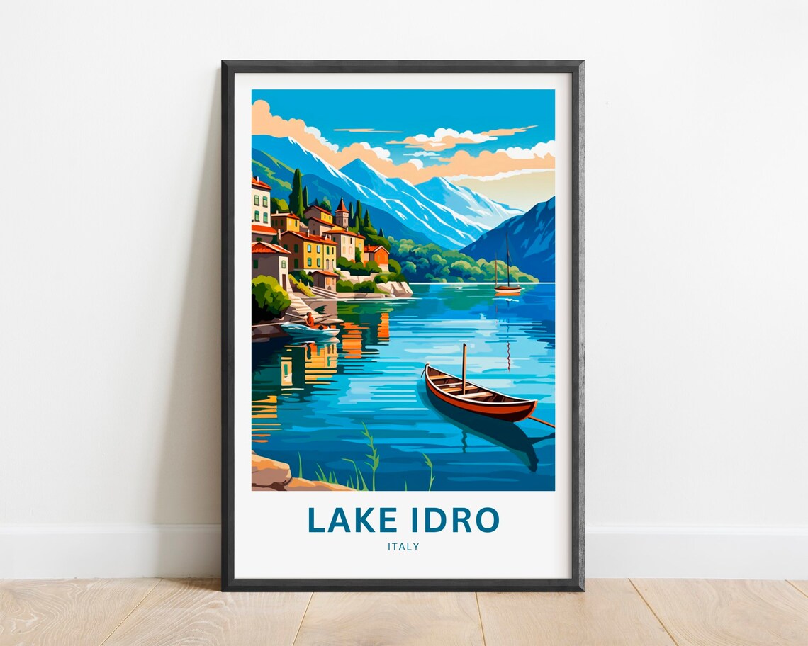 Lake Idro Italy Lakeside Village Boat Vintage Sunny Travel Poster