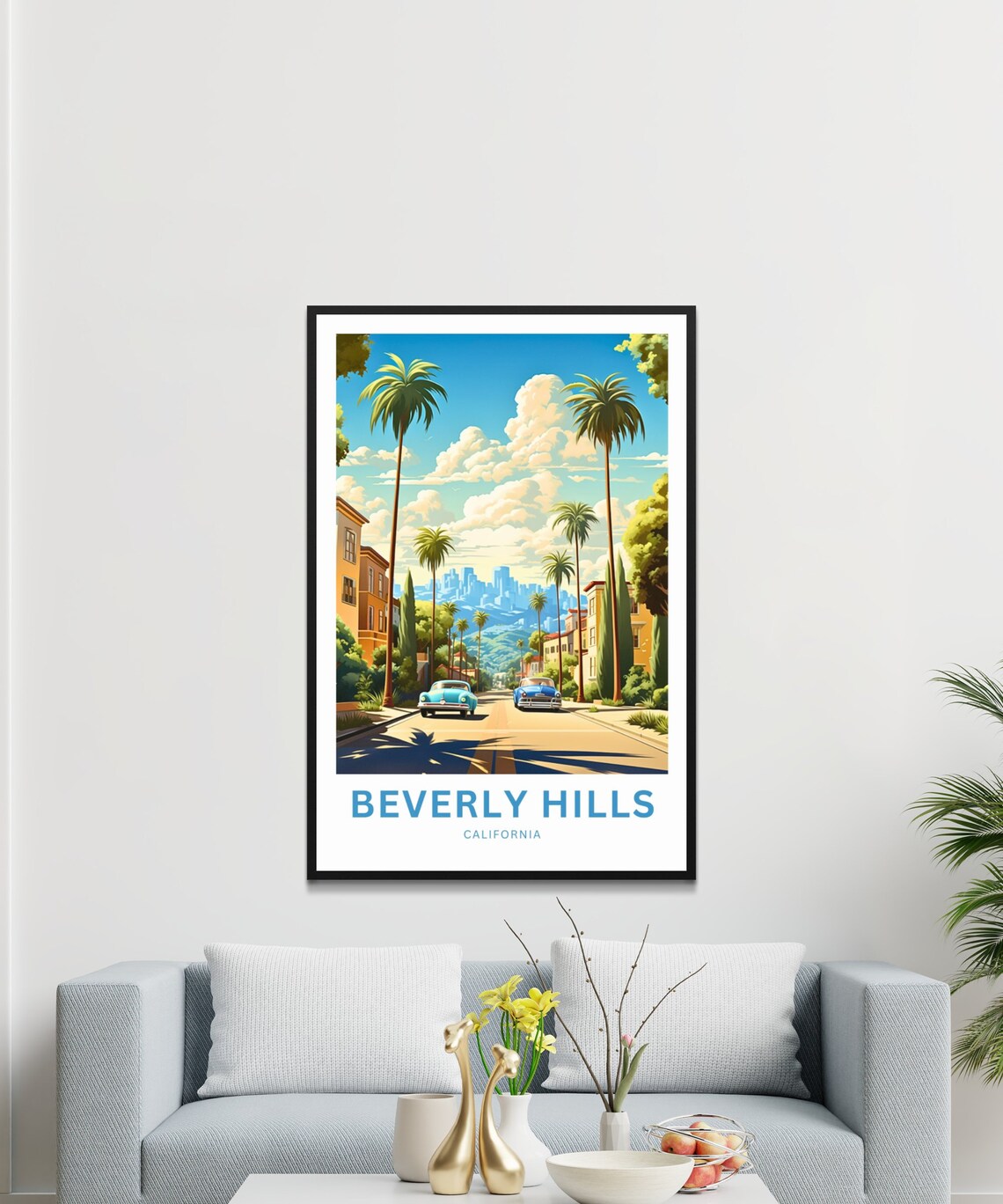 Beverly Hills Palm Street Classic Cars Skyline Vintage Travel Poster - Image 3