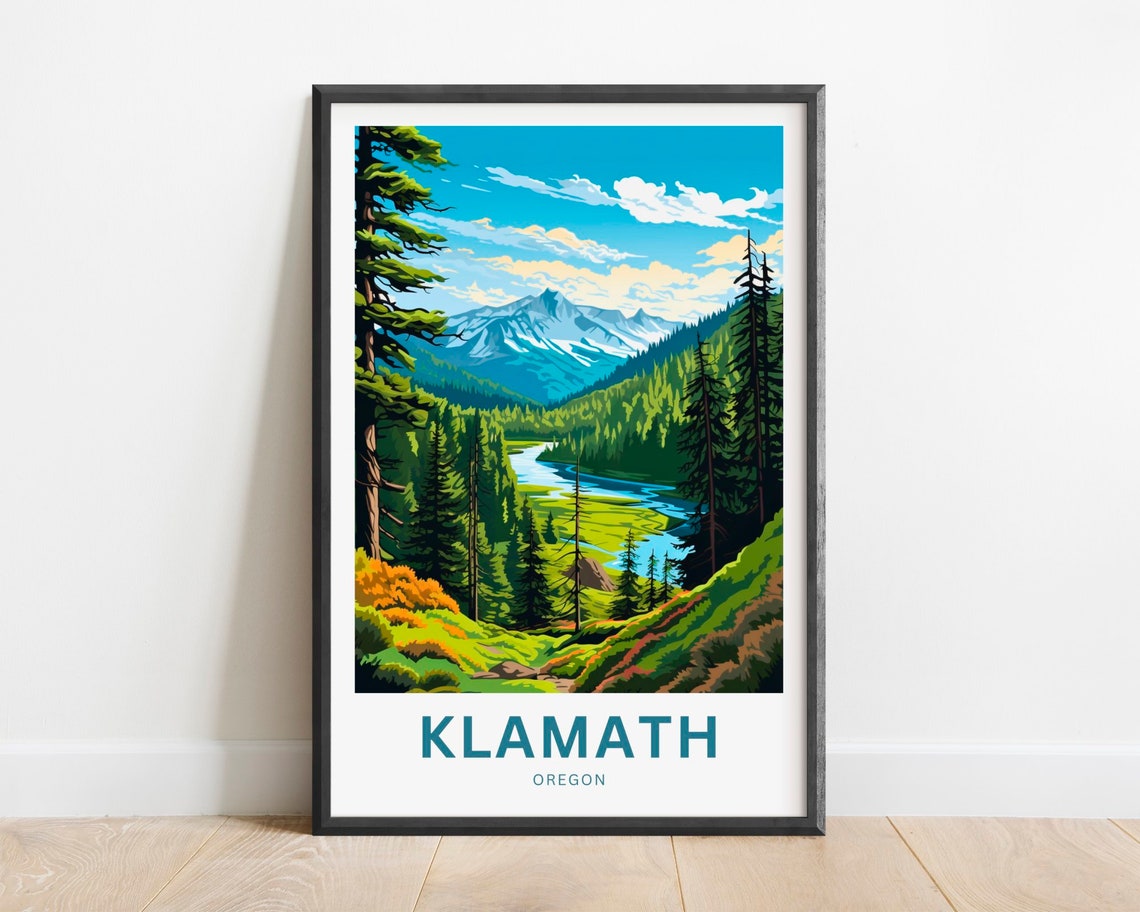 Klamath Oregon Forest River Valley Mountain Vintage Travel Poster