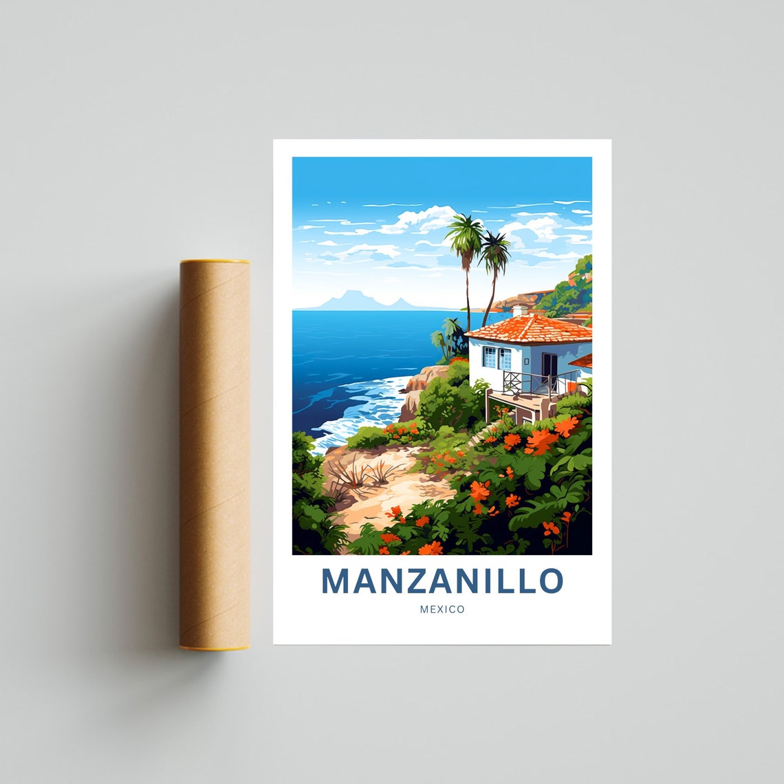 Manzanillo Mexico Cliffside Villa Orange Flower Coast Poster - Image 4