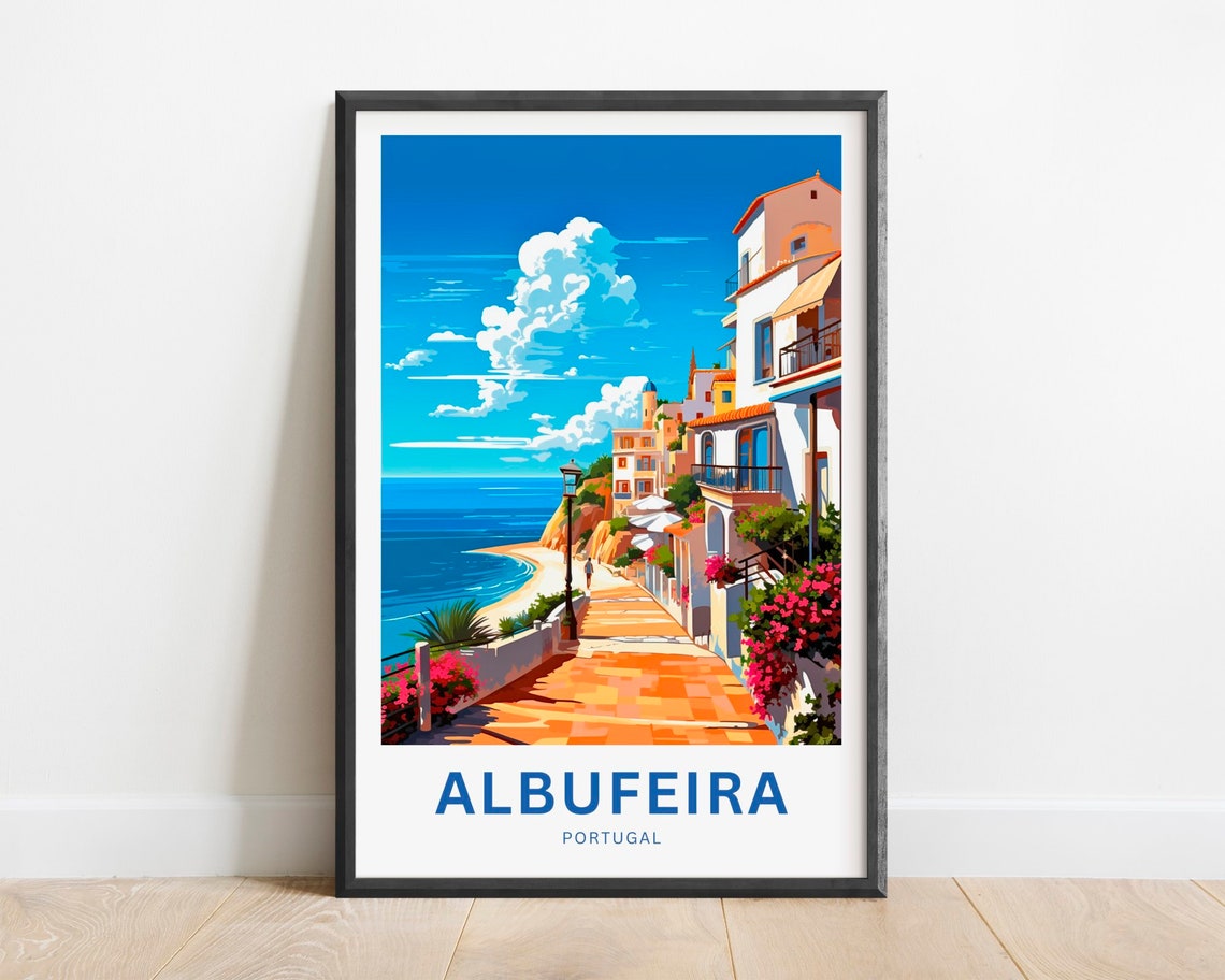 Albufeira Portugal Sunny Seafront Beach Promenade Travel Poster