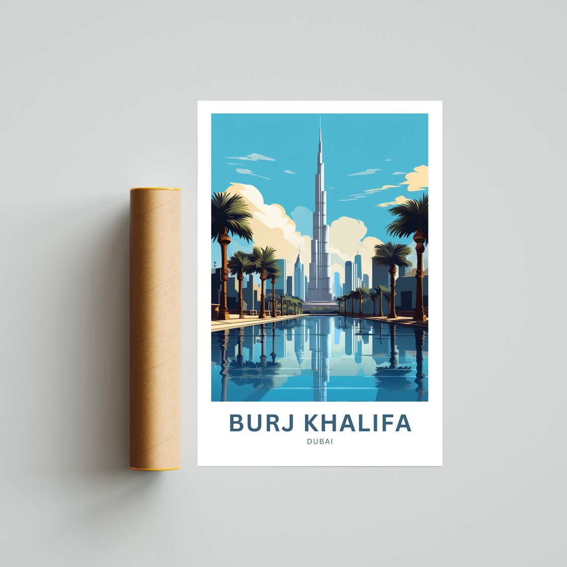 Burj Khalifa Dubai Tower Reflection Palm Lined Waterfront Poster - Image 4