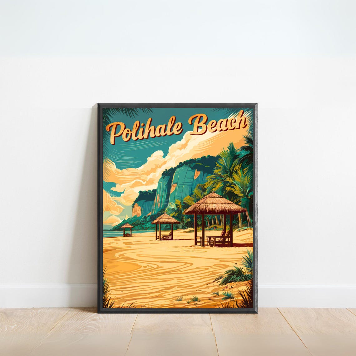Polihale Beach Vintage Hawaii Tiki Shelters Golden Sand Retro Poster