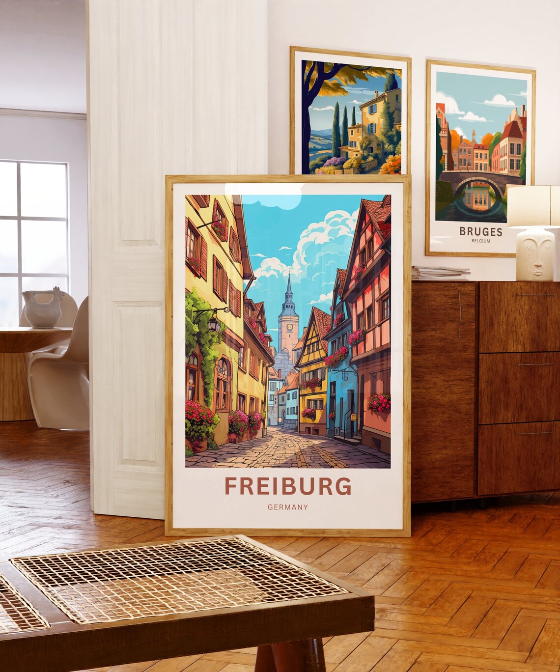 Personalized Freiburg Germany Cobblestone Street Vintage Travel Poster - Image 5