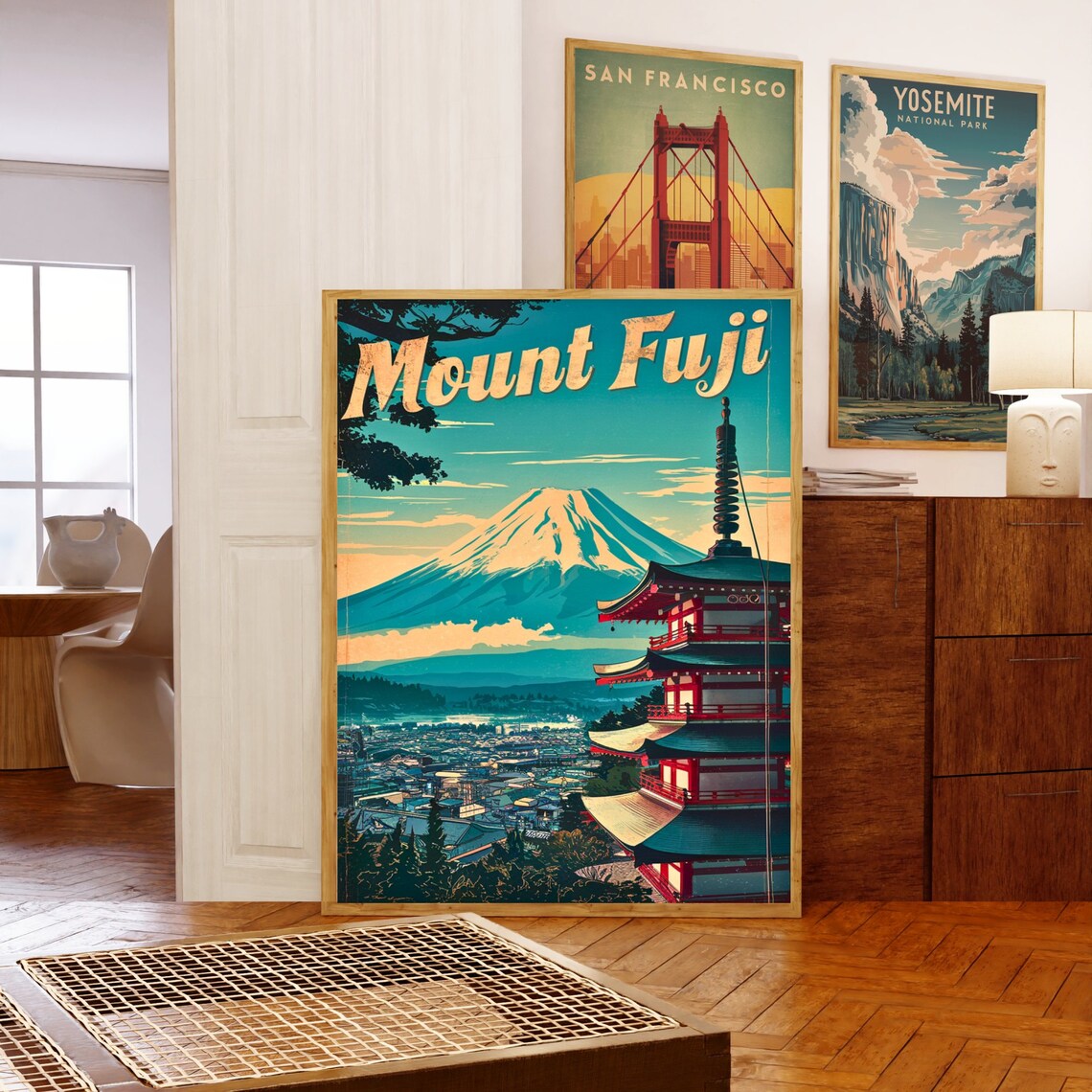 Mount Fuji Japan Snowcapped Pagoda Town Skyline Vintage Poster - Image 5