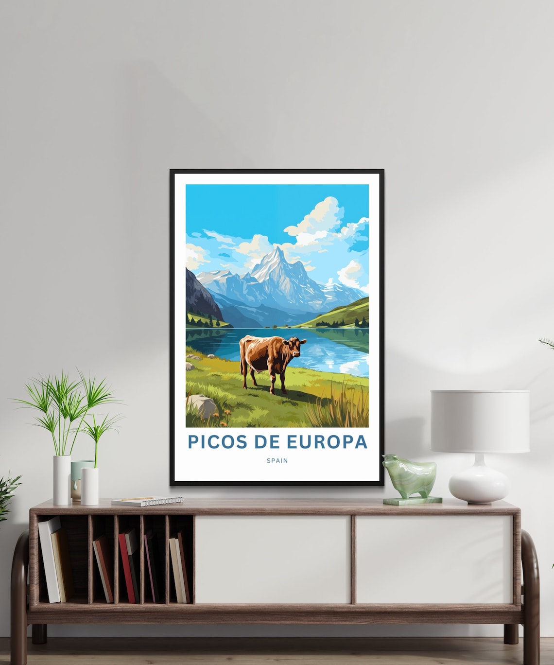 Picos De Europa Spain Snowy Peak Alpine Lake Cow Travel Poster - Image 3