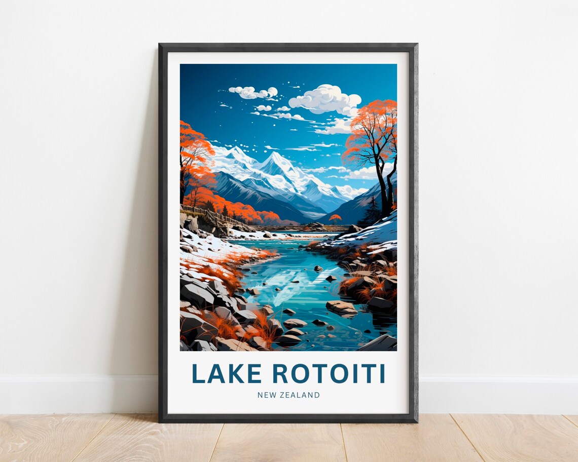 Lake Rotoiti New Zealand Snow Peaks Autumn Lake Travel Poster