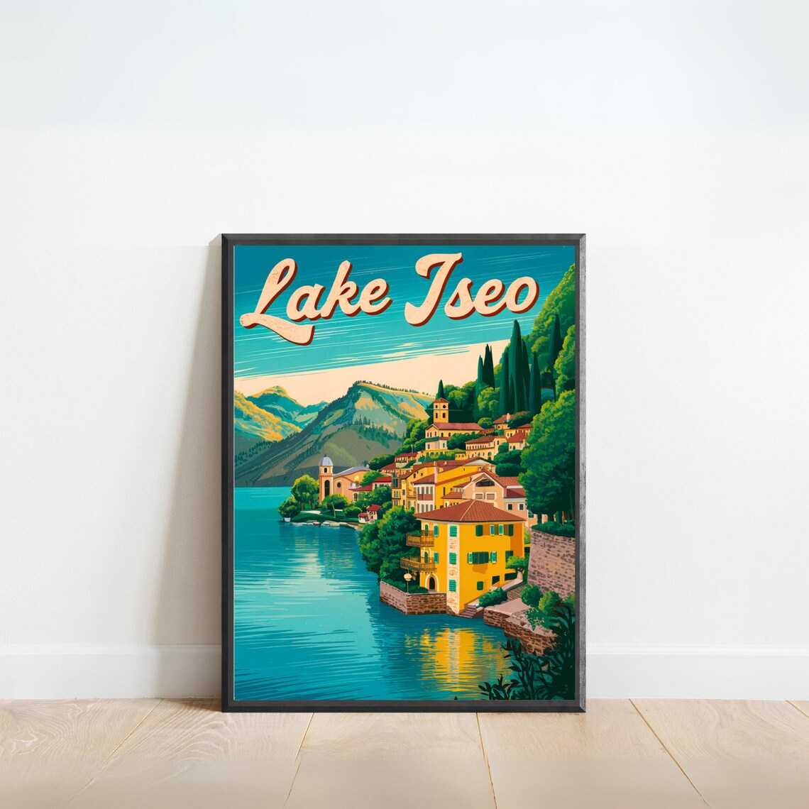 Lake Iseo Turquoise Lakeside Town Retro Travel Poster Italy Art