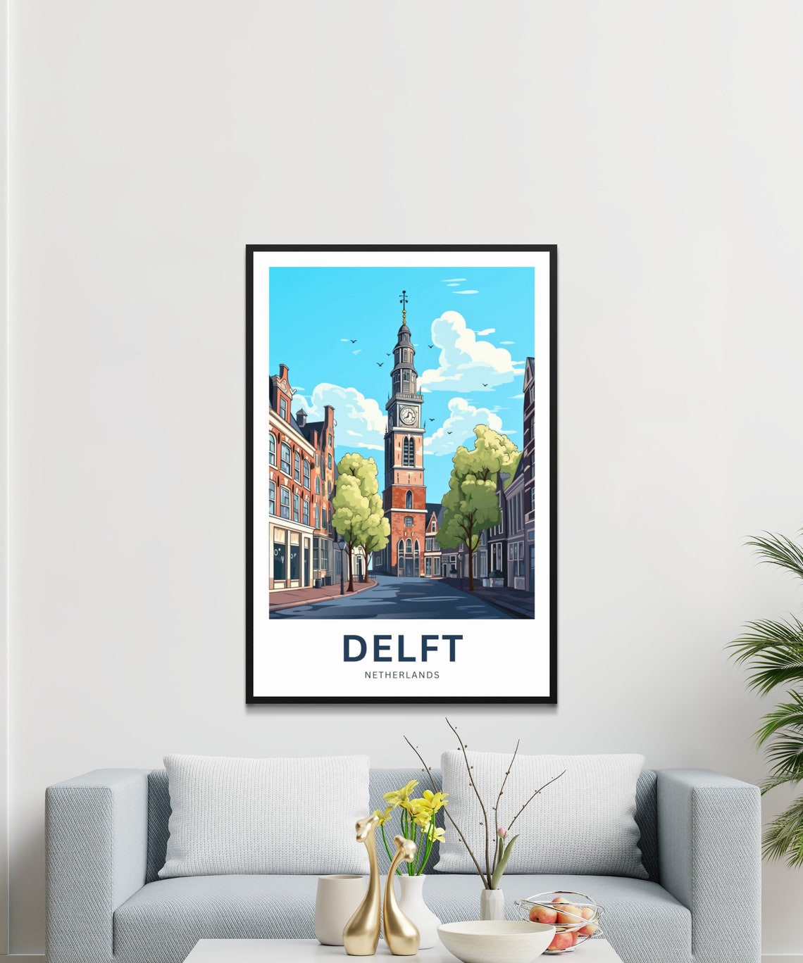 Personalized Delft Clock Tower Street Netherlands Illustrated Poster - Image 3