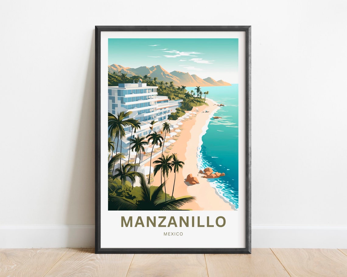 Manzanillo Mexico Palm Beach Resort Retro Style Travel Poster