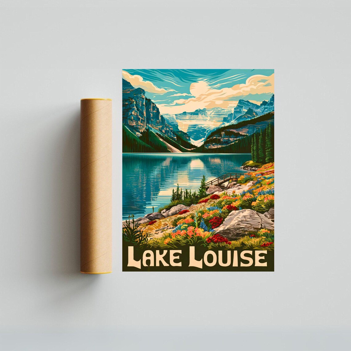 Lake Louise Wildflower Shoreline Alpine Lake Sunrise Vintage Poster - Image 3