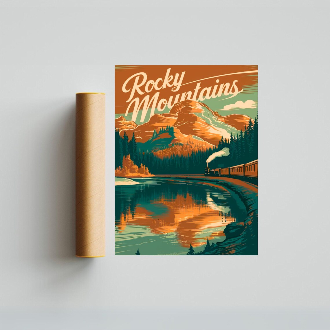 Rocky Mountains Vintage Train Lake Reflection Retro Travel Poster - Image 4