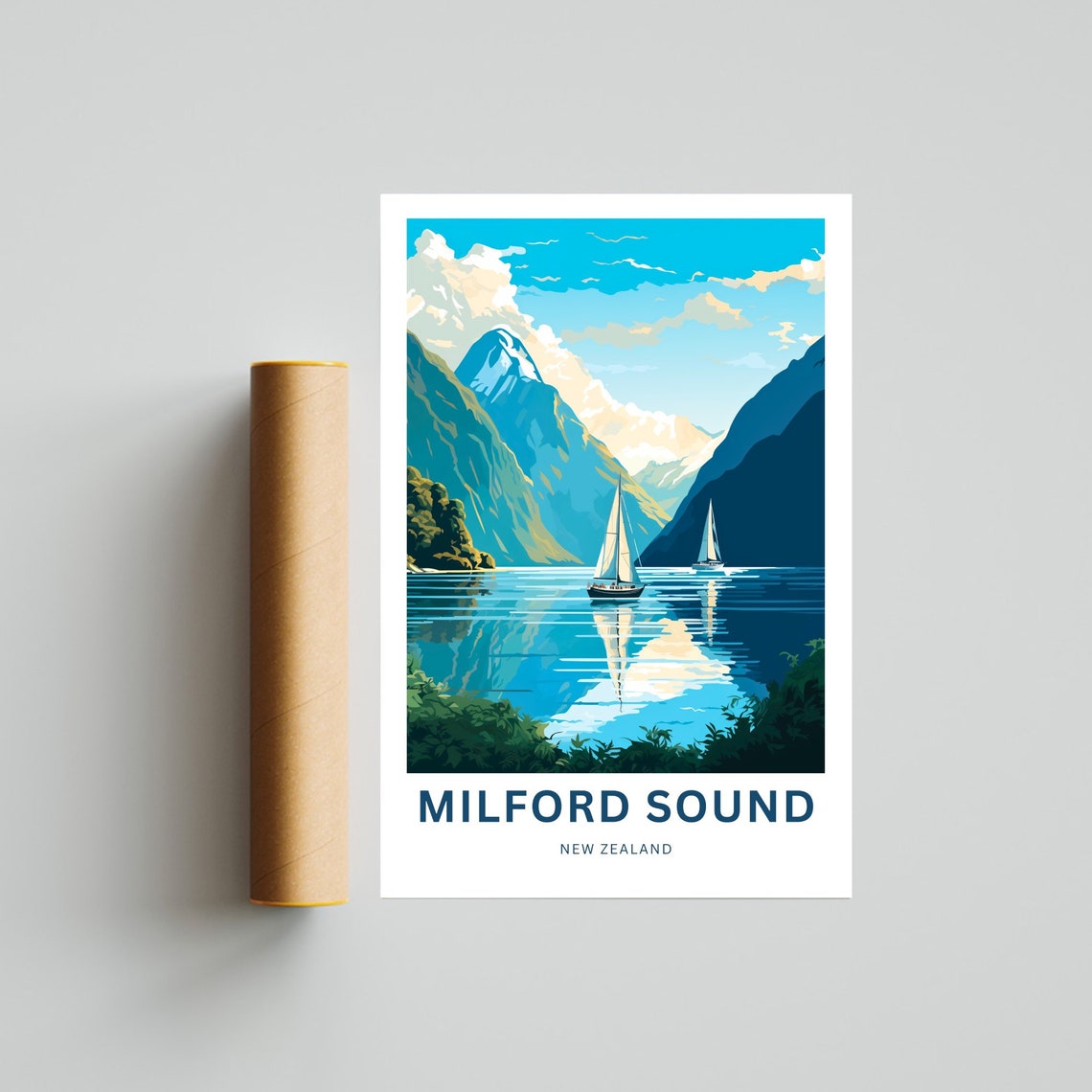 Milford Sound New Zealand Glassy Water Cliff Reflection Travel Poster - Image 4