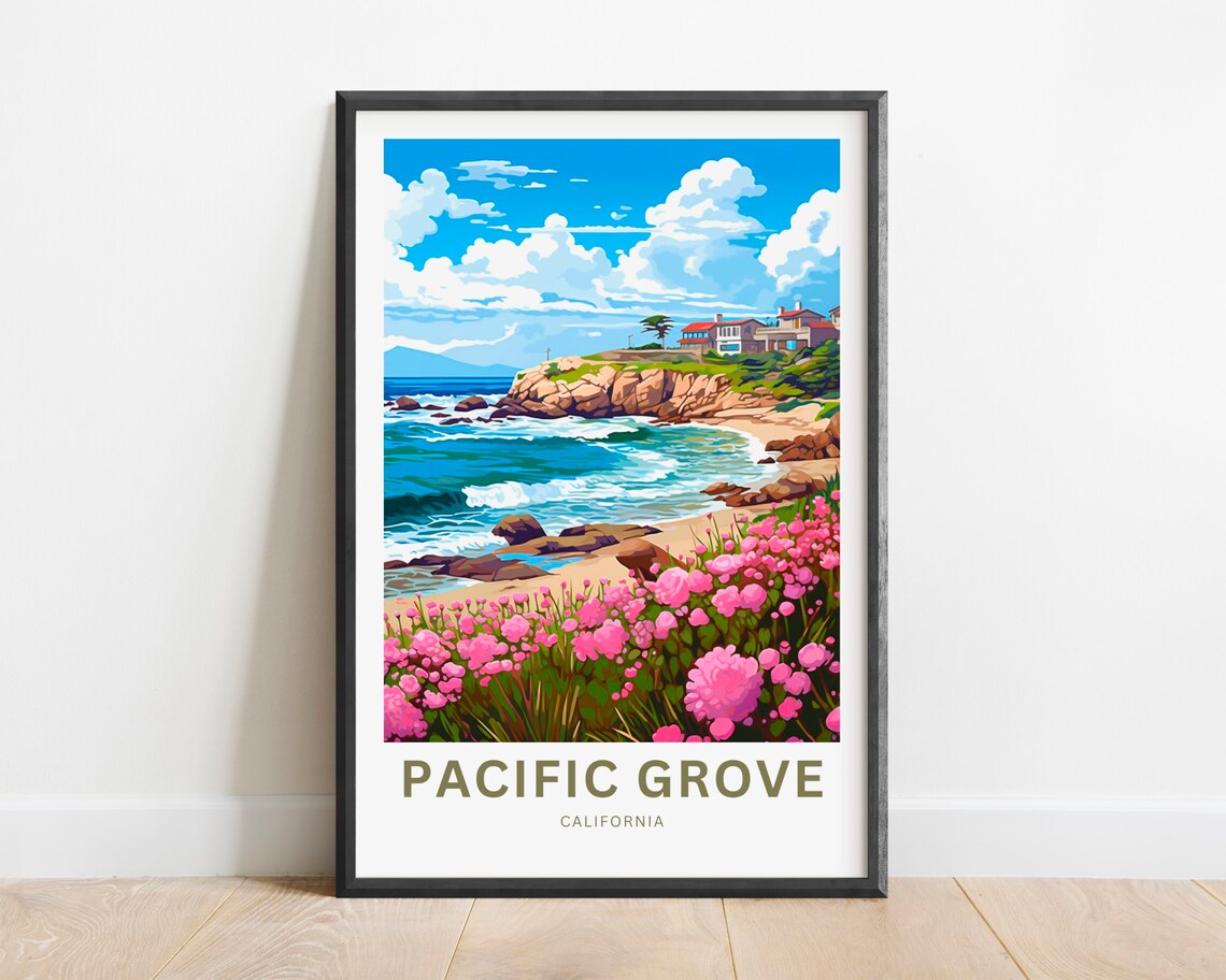 Pacific Grove California Scenic Rocky Coast Pink Wildflowers Poster