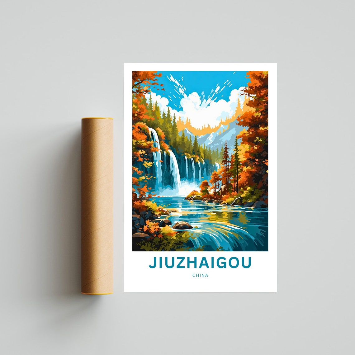 Jiuzhaigou China Autumn Waterfall Valley Custom Travel Poster - Image 4