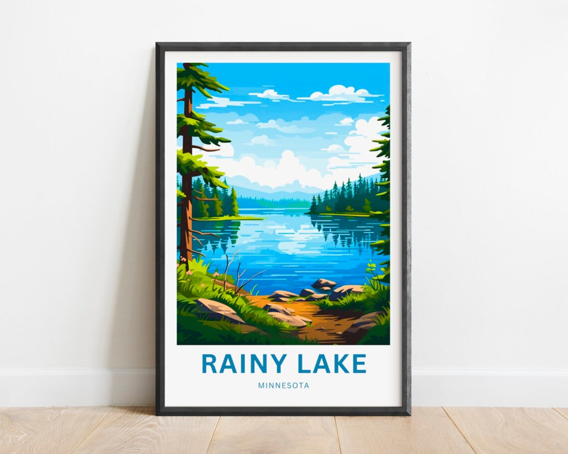 Rainy Lake Minnesota Forest Reflection Rocky Shores Travel Poster