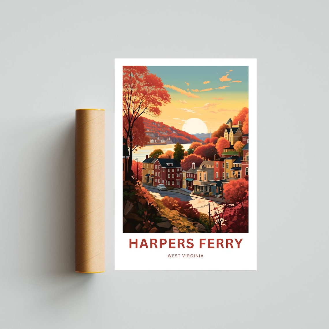 Harpers Ferry Sunset Hillside Houses River Town View Travel Poster - Image 4