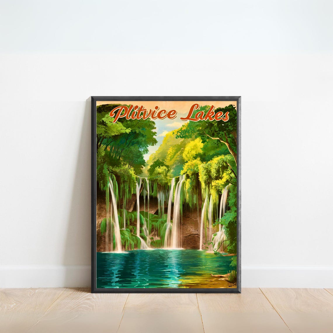 Plitvice Lakes Croatia Waterfalls Emerald Forest Vintage Travel Poster