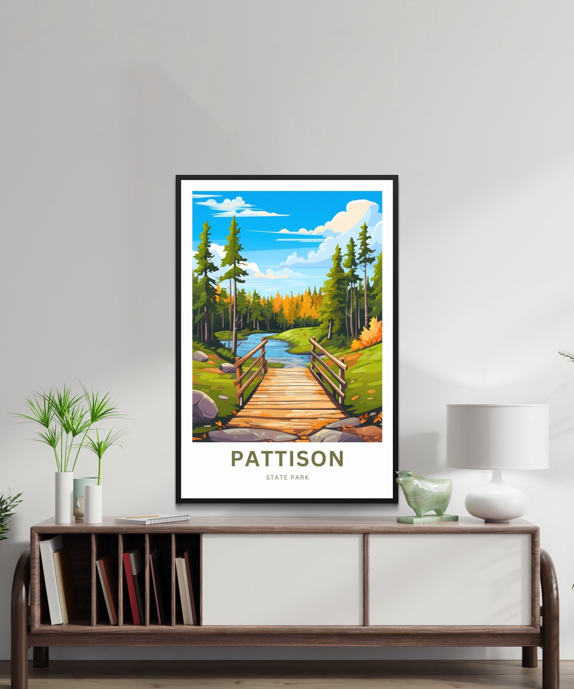 Pattison State Park Wooden Bridge Pine Forest Fall Travel Poster - Image 2