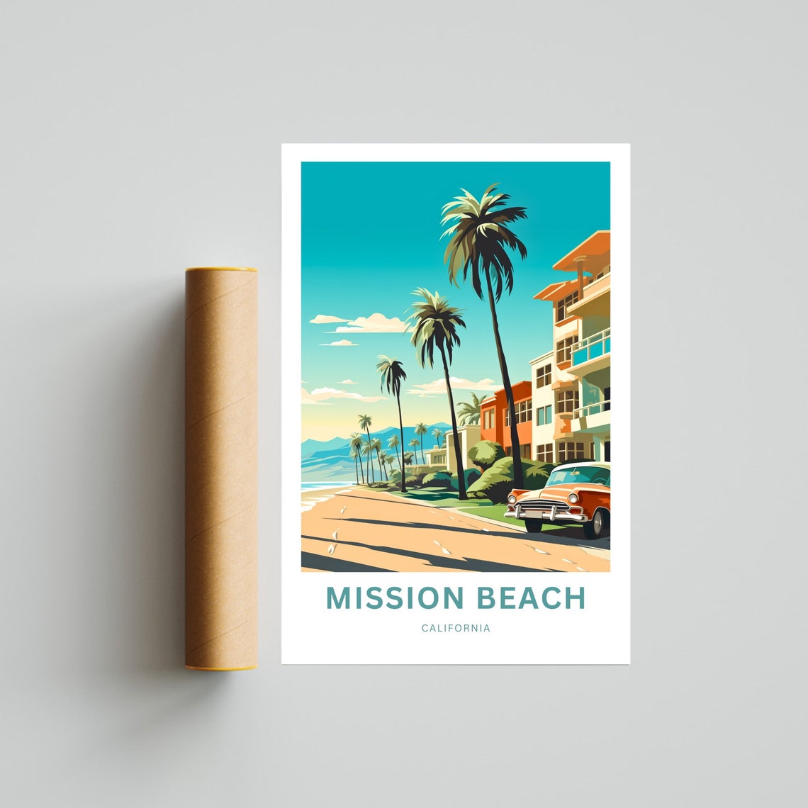 Mission Beach Retro Beach Street Classic Car Personalized Poster - Image 4