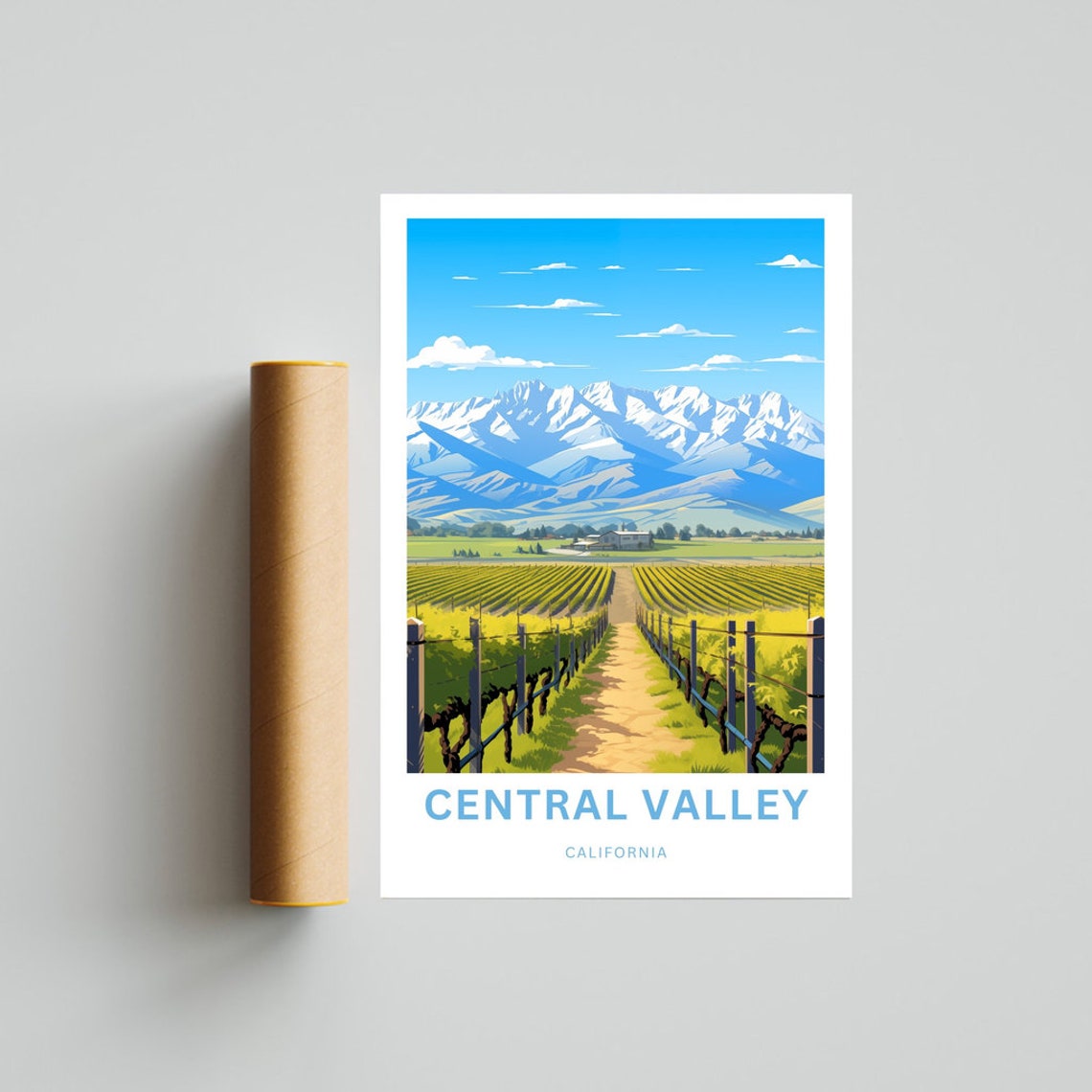 Central Valley California Vineyard Rows Snow Mountains Poster - Image 4