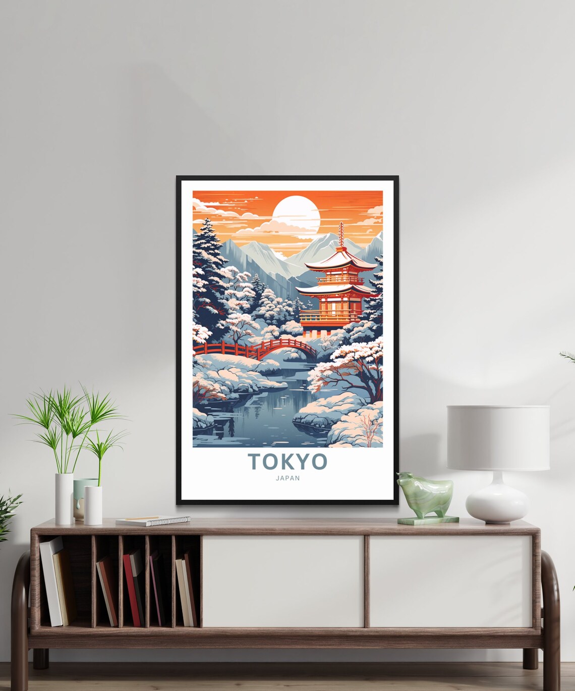 Tokyo Japan Winter Pagoda Temple Snow Bridge Travel Art Poster - Image 2