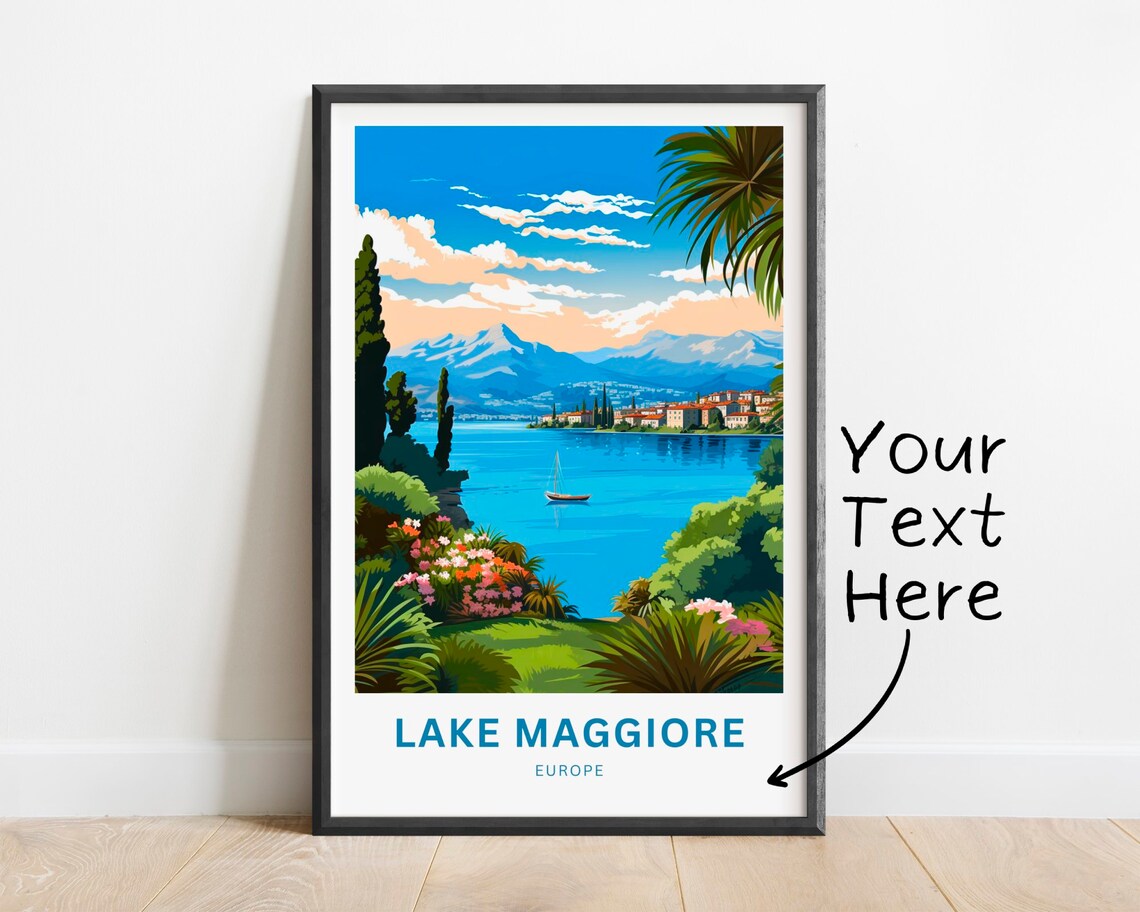 Personalized Lake Maggiore Travel Poster Custom Text Lakeside Europe Art