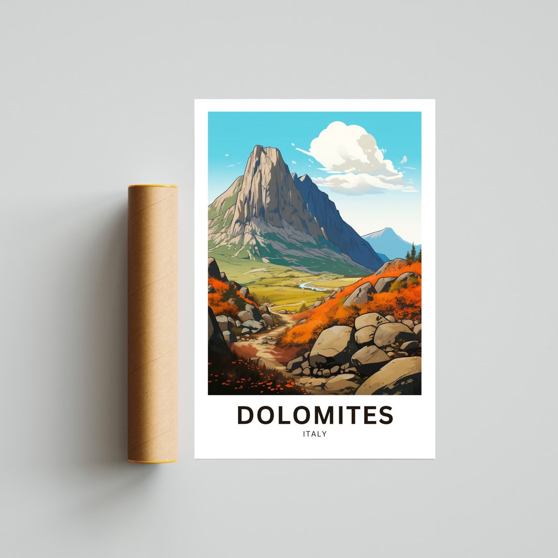 Dolomites Italy Alpine Peak Mountain Valley Scene Travel Poster - Image 4
