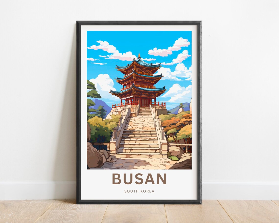 Busan South Korea Wooden Pavilion Stone Staircase Temple Travel Poster