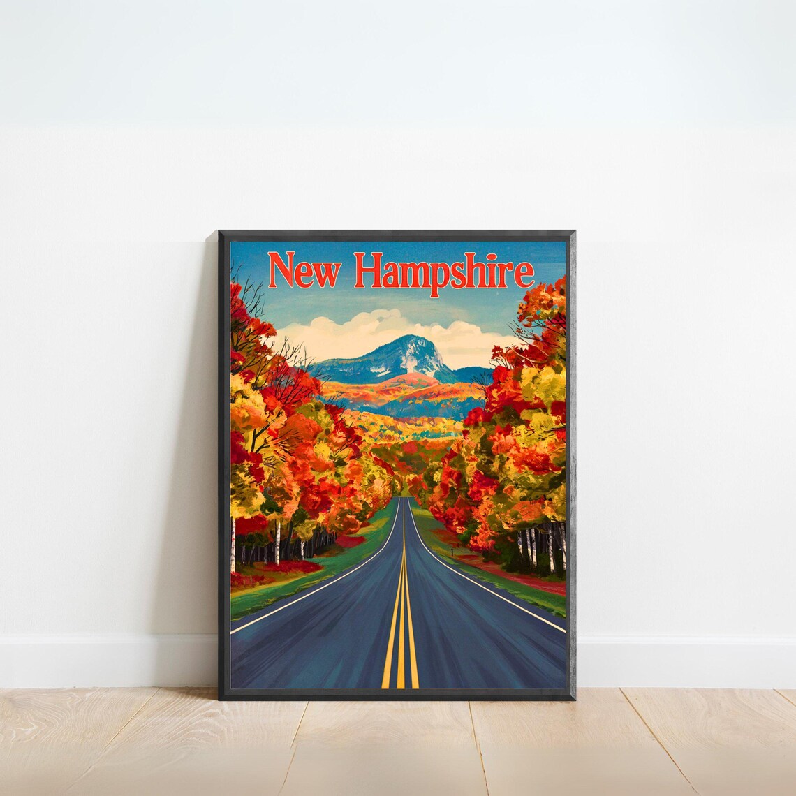 New Hampshire Vintage Fall Road Through Autumn Foliage Travel Poster