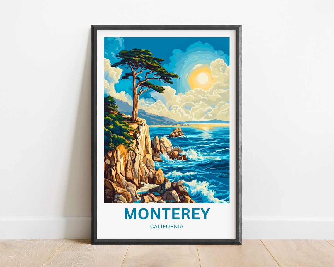 Monterey California Lone Cypress Cliff Sunset Vintage Travel Poster