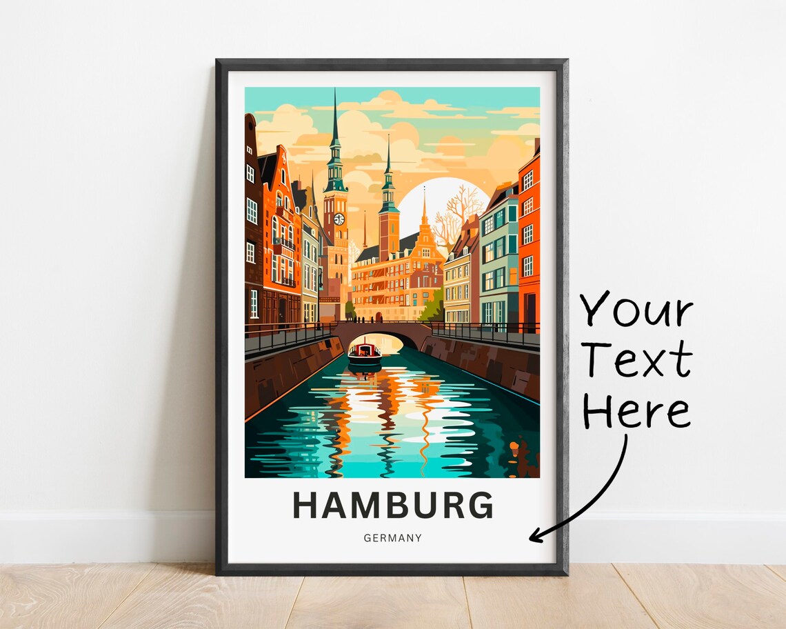 Hamburg Germany Historic Canal Church Towers Sunset Custom Poster