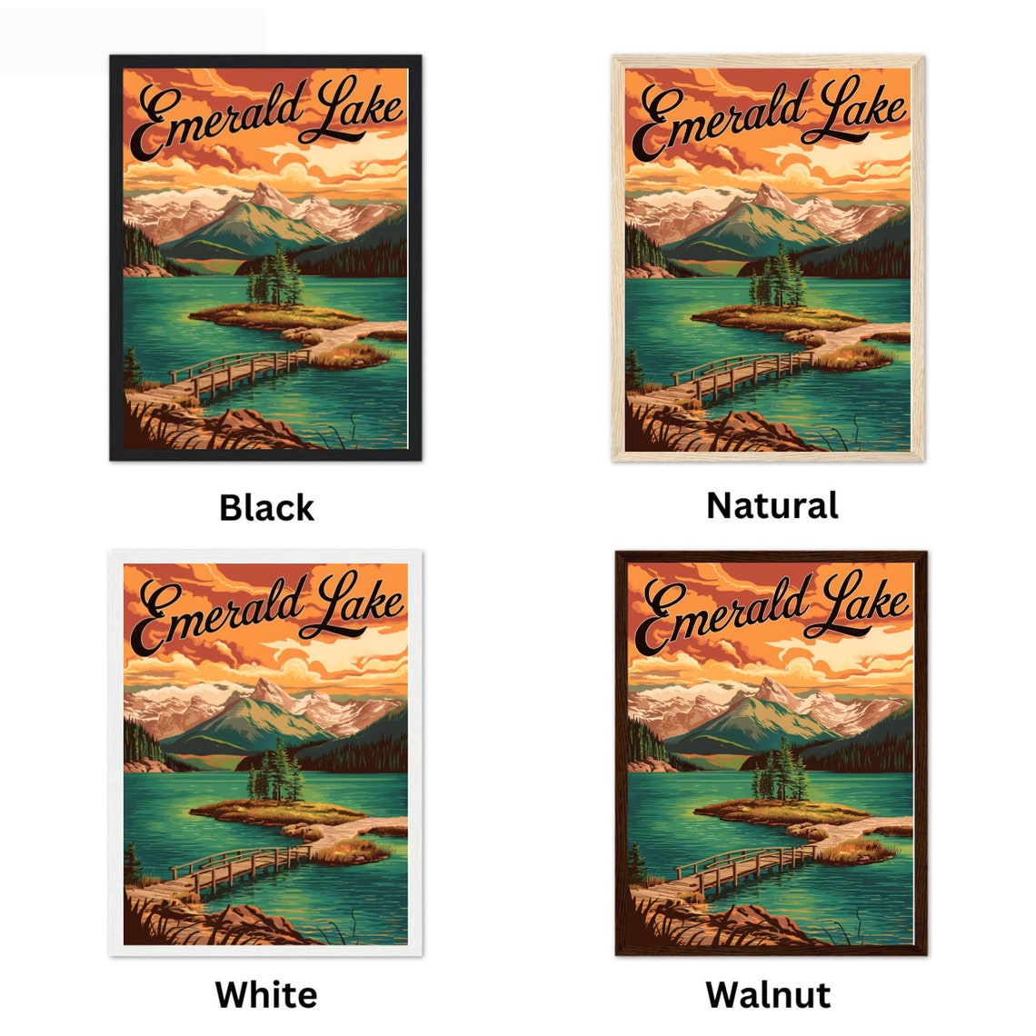 Emerald Lake Sunset Island Wooden Pier Golden Sky Vintage Poster - Image 4