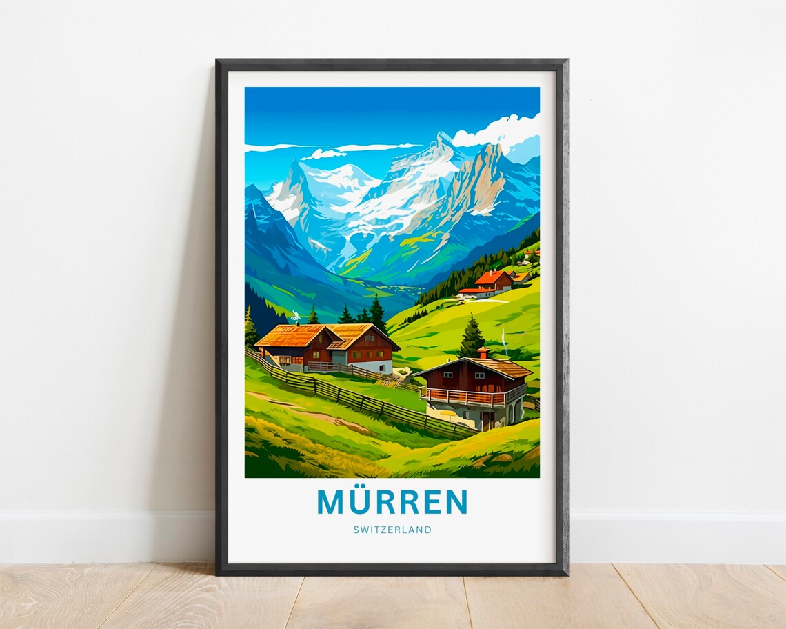 Mürren Switzerland Alpine Chalet Village Snow Peaks Travel Poster