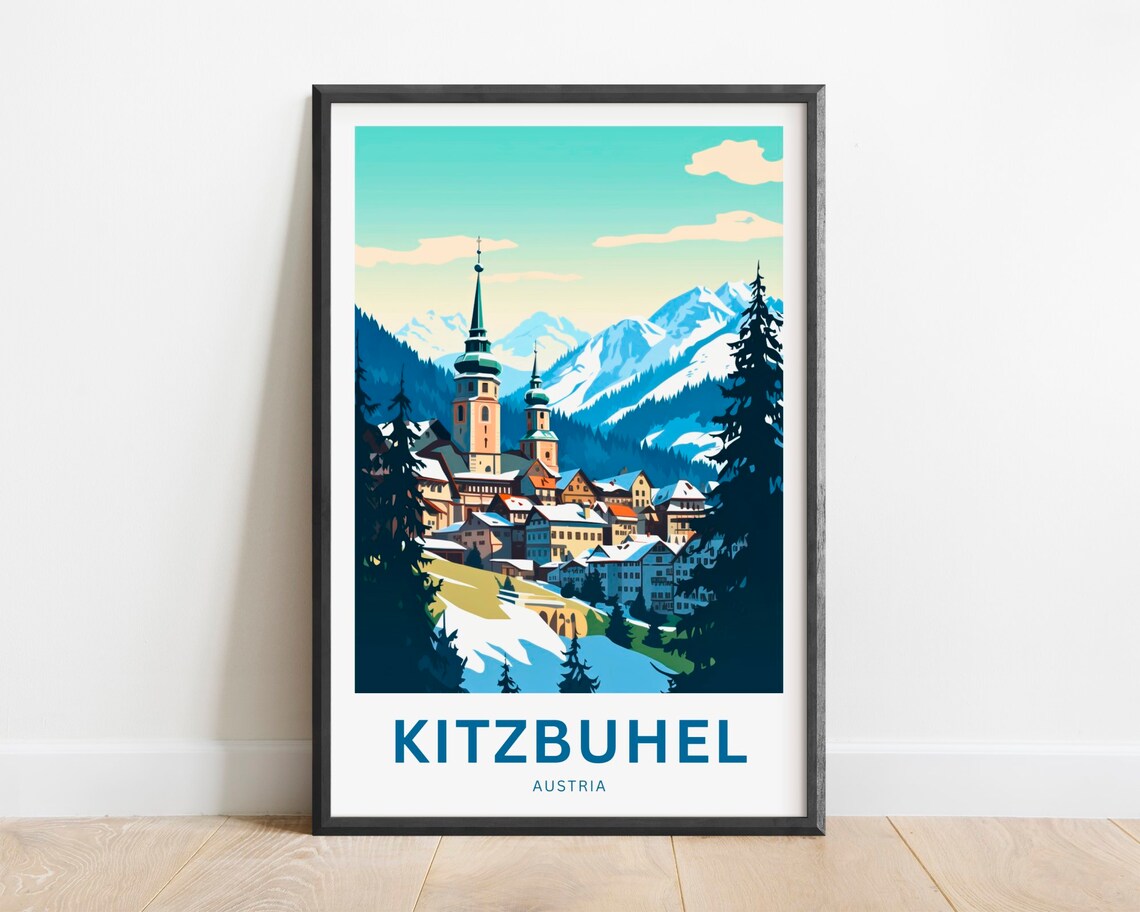 Kitzbuhel Snowy Alpine Town Church Spires Winter Austria Travel Poster