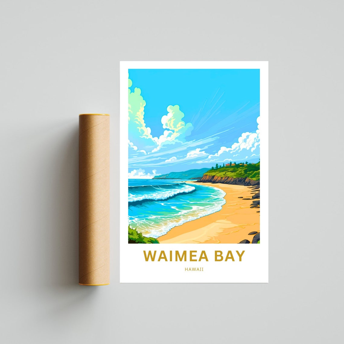 Waimea Bay Hawaii Golden Beach Waves Cliffs Scene Travel Poster - Image 4