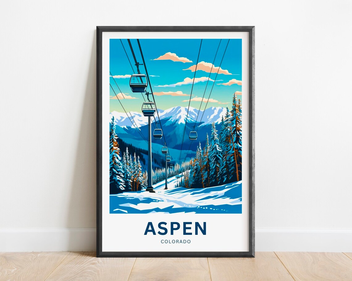 Aspen Colorado Ski Gondola Snowy Mountain Resort Travel Poster