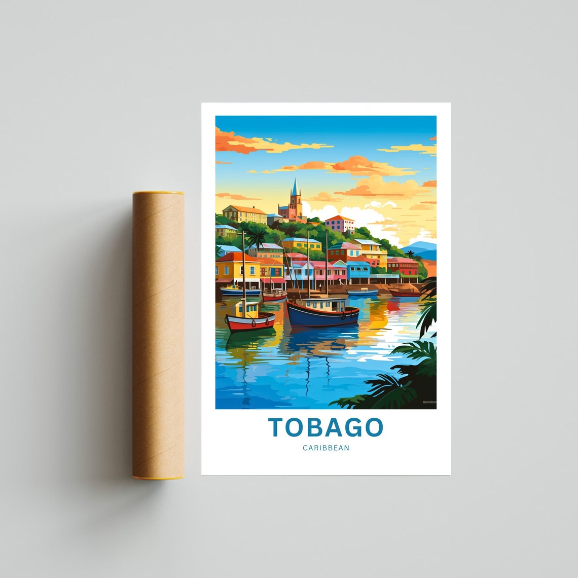 Personalized Tobago Caribbean Harbor Sunset Boats Travel Poster - Image 4