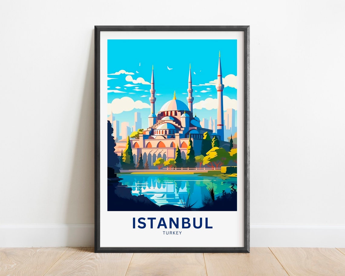 Istanbul Turkey Grand Mosque Minarets Skyline Clear Day Poster
