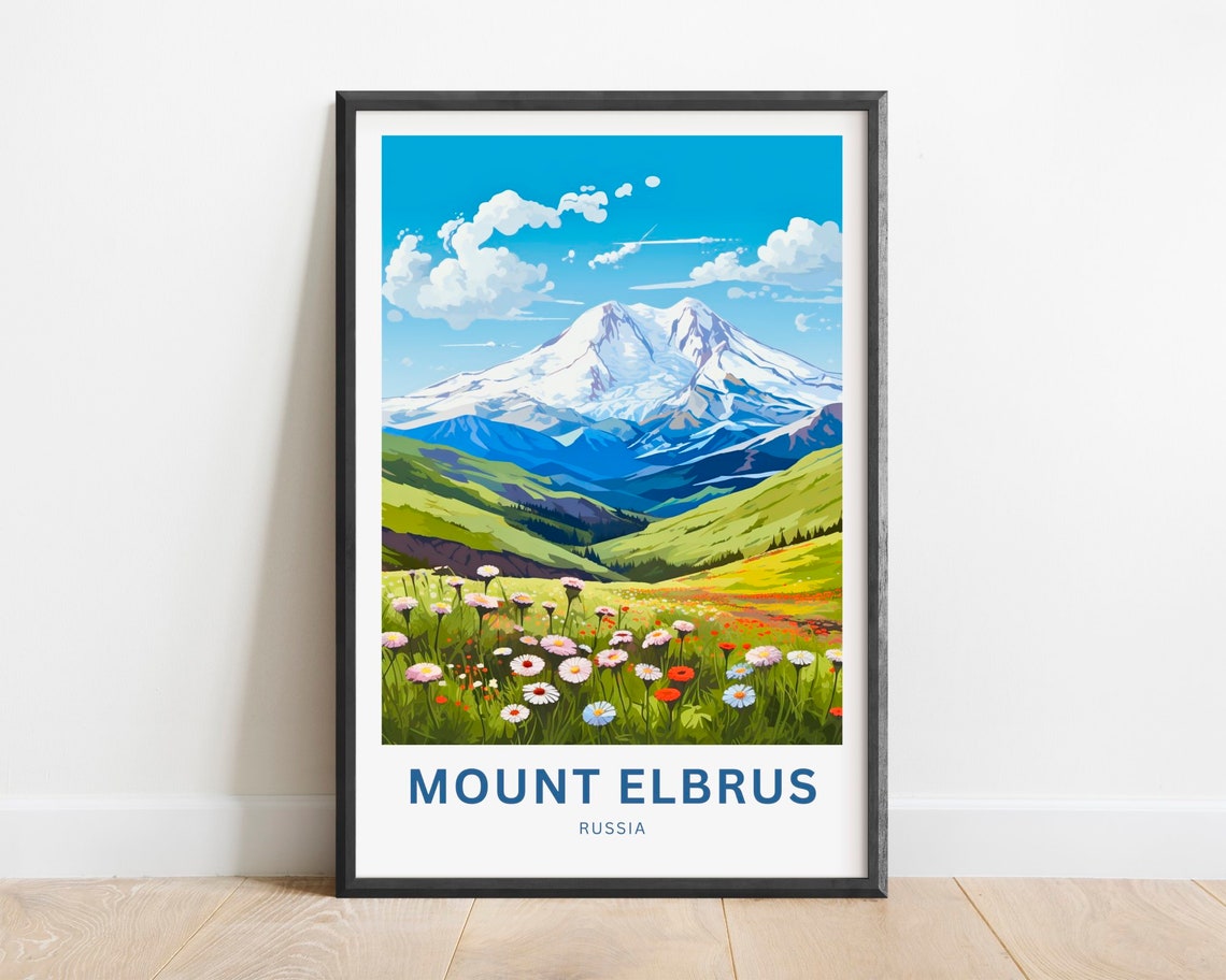 Mount Elbrus Russia Snowy Peak Wildflower Meadow Travel Poster