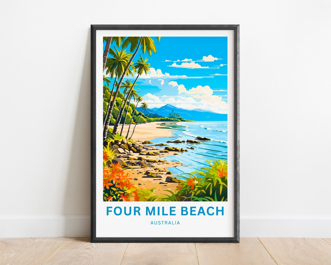 Four Mile Beach Australia Palm Fringed Shoreline Vintage Travel Poster
