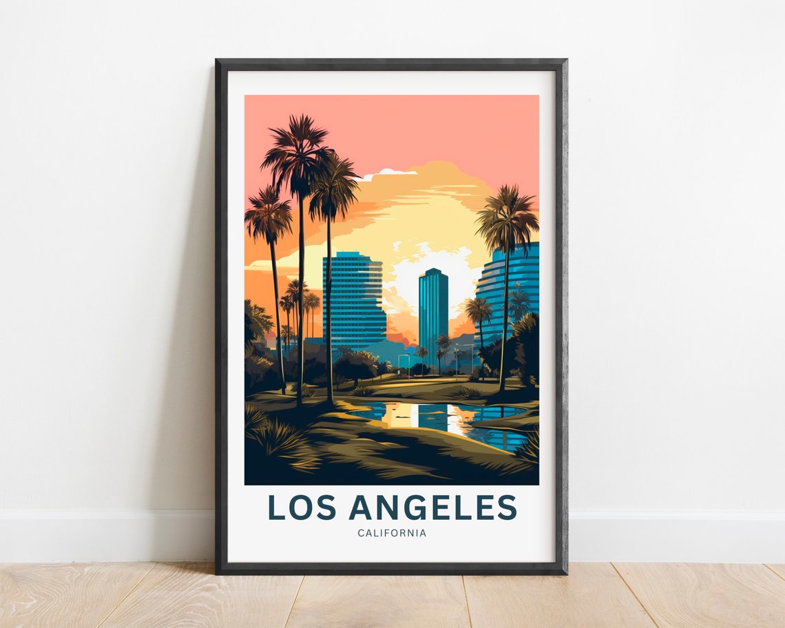 Los Angeles California Sunset Palms Skyline Reflection Poster