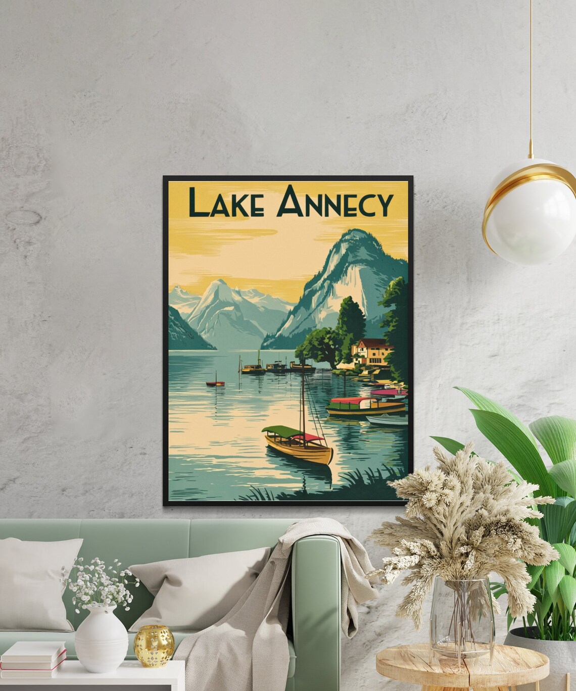 Lake Annecy Golden Sky Sailboat Mountain Shore Vintage Poster - Image 2